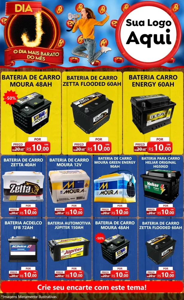 Modelo de Encarte para Encarte Grande com o tema Dia J - O Dia Mais Barato Do Mês para Baterias Elétricas