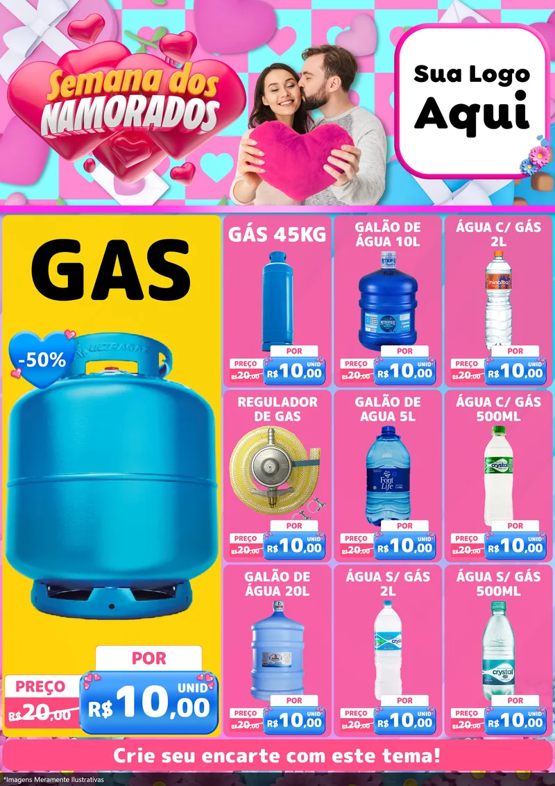 Modelo de Encarte para Encarte A4 Vertical com o tema Semana dos Namorados para Água e gás