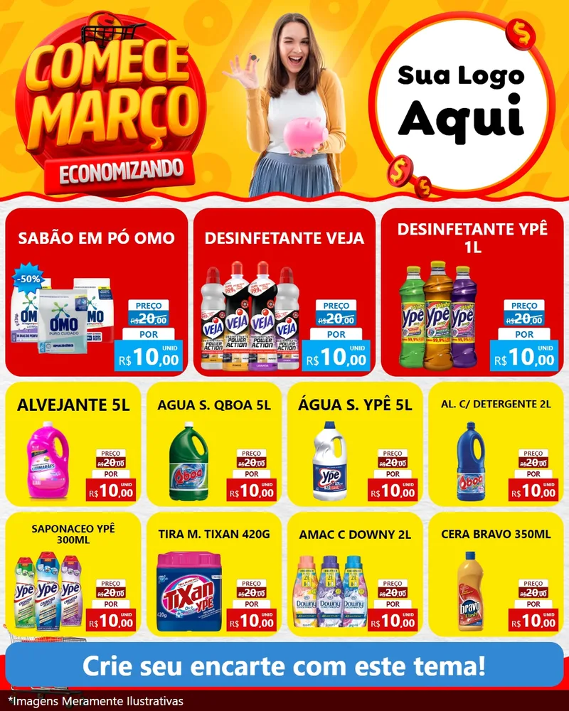 Modelo de Rede Social para Feed Instagram com o tema Comece Março Economizando para Produtos de Limpeza