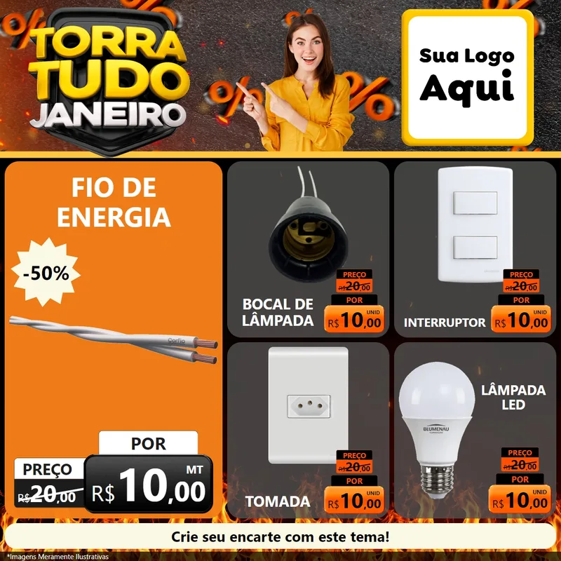 Modelo de Rede Social para Feed Facebook com o tema Torra Tudo Janeiro para Materiais Elétricos