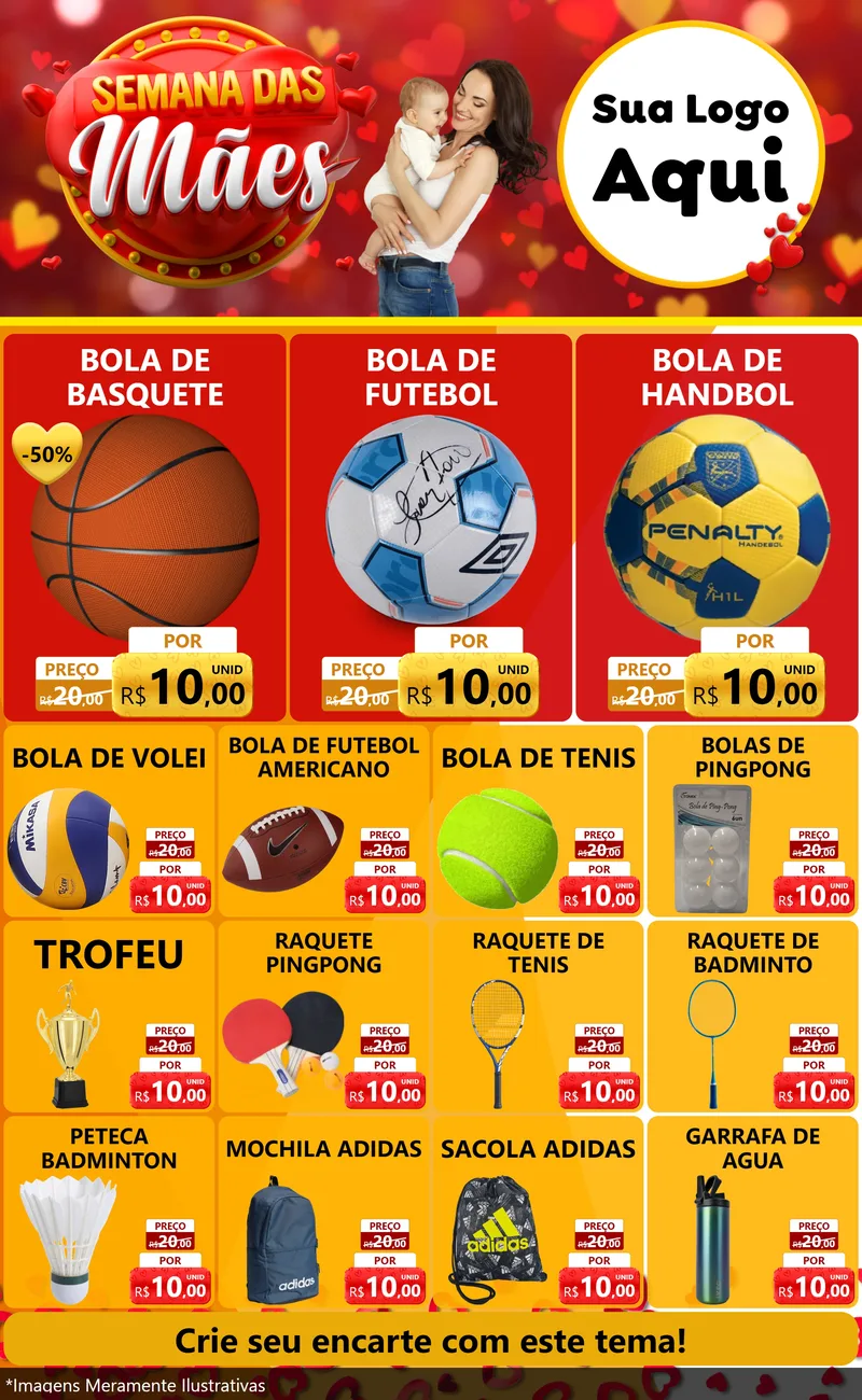 Modelo de Encarte para Encarte Grande com o tema Semana das Mães para Artigos Esportivos