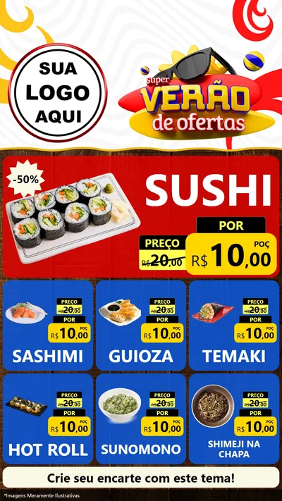 Modelo de Rede Social para Stories com o tema Super Verão de Ofertas para Comida japonesa