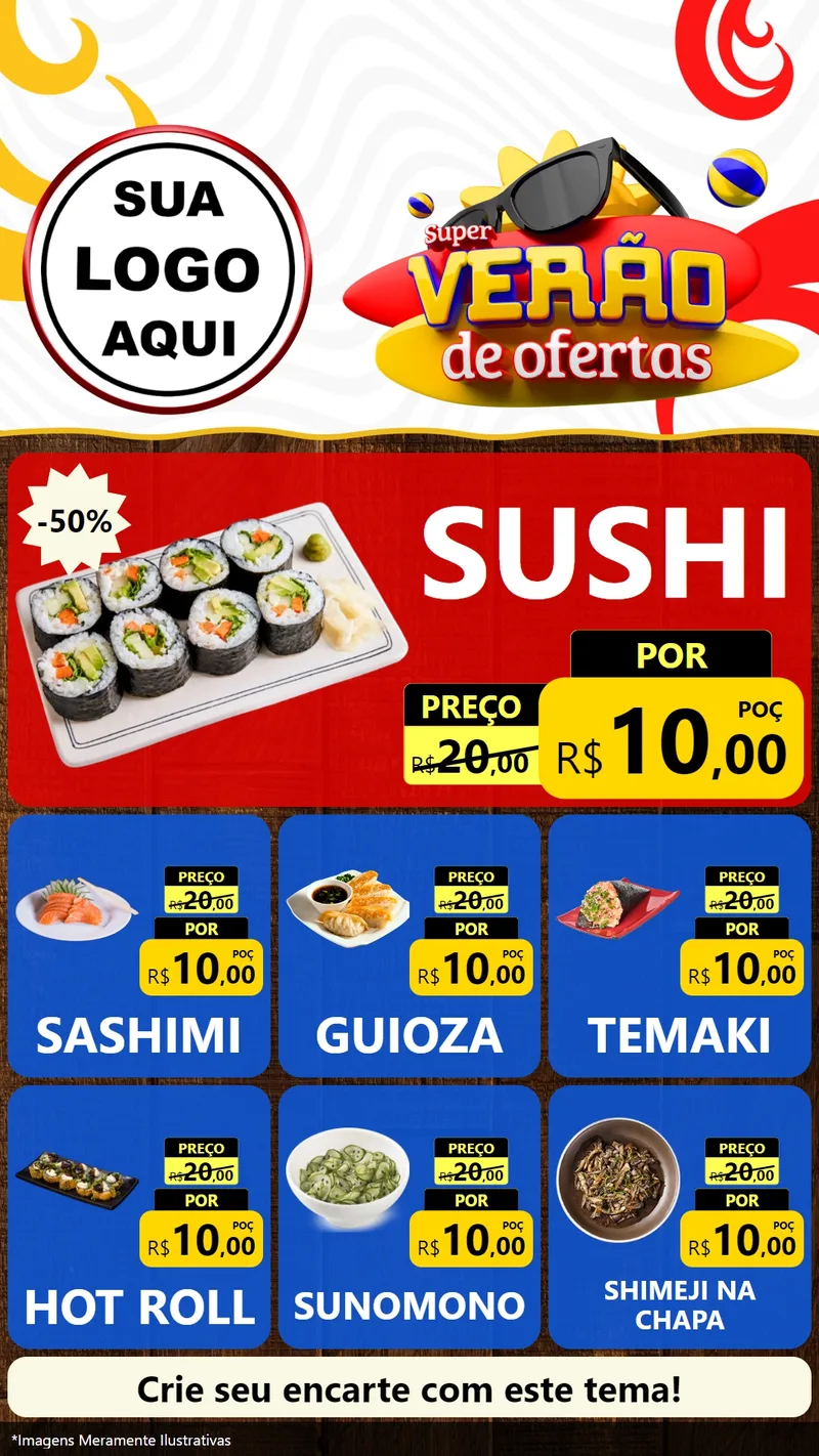 Modelo de Rede Social para Stories com o tema Super Verão de Ofertas para Comida japonesa