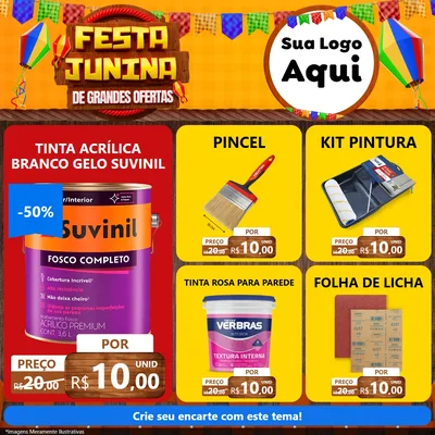 Modelo de Rede Social para Feed Facebook com o tema Festa Junina de Grandes Ofertas para Tintas e Ferramentas