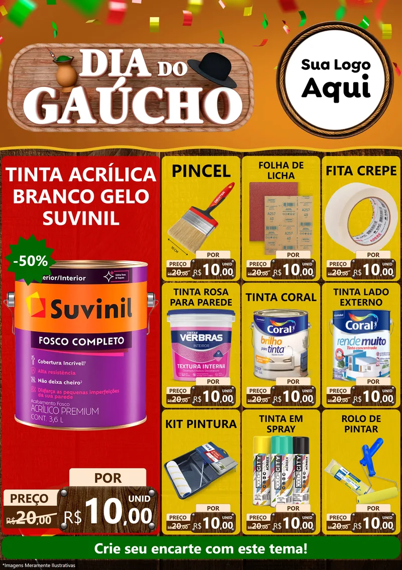 Modelo de Encarte para Encarte A4 Vertical com o tema Dia do Gaúcho para Tintas e Ferramentas