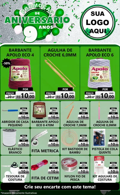 Modelo de Encarte para Encarte Grande com o tema Promoção de Aniversário - 9 Anos para Armarinho e Aviamentos