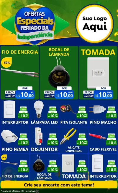 Modelo de Encarte para Encarte Grande com o tema Ofertas Especiais Feriado da Independência para Materiais Elétricos