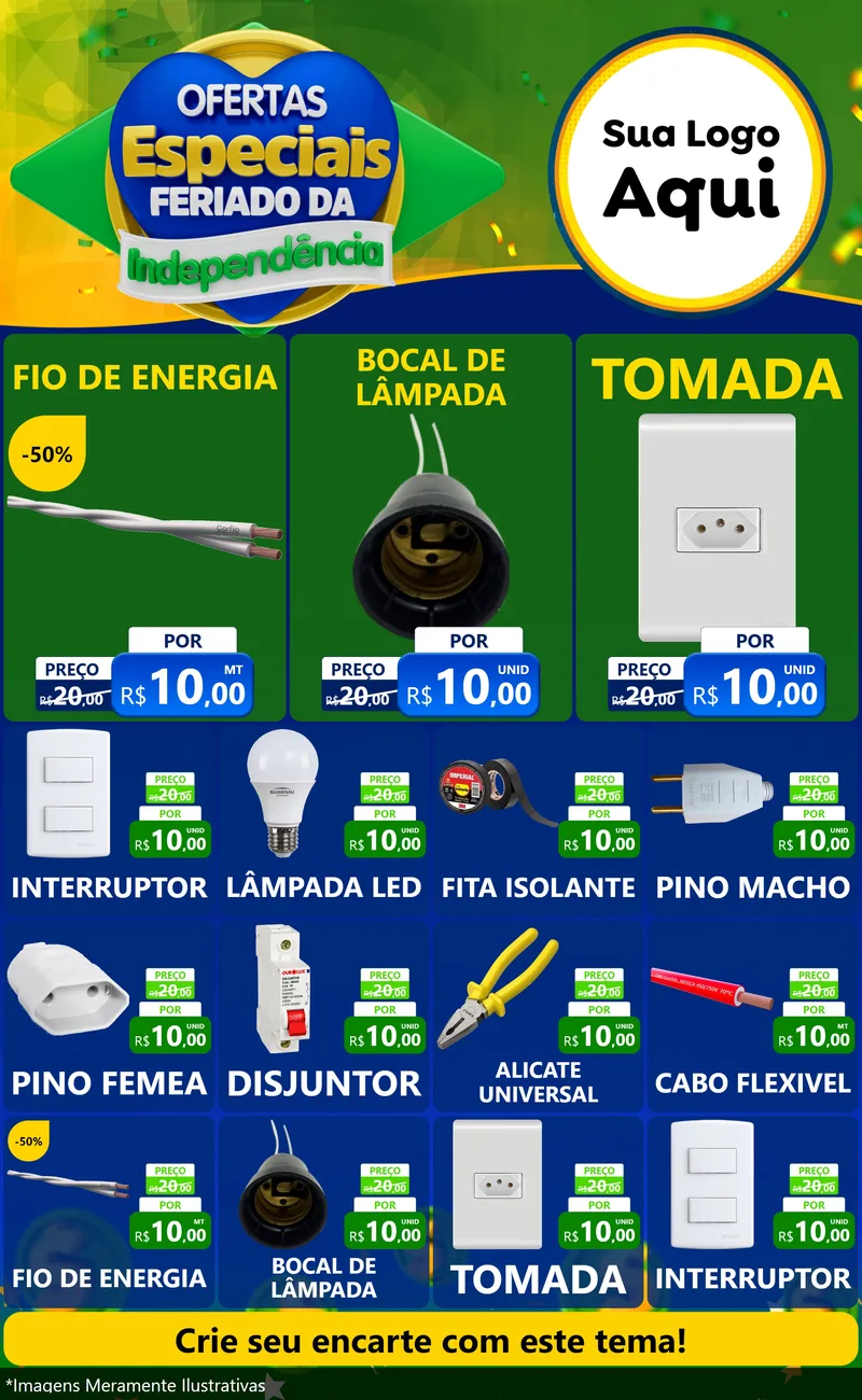 Modelo de Encarte para Encarte Grande com o tema Ofertas Especiais Feriado da Independência para Materiais Elétricos