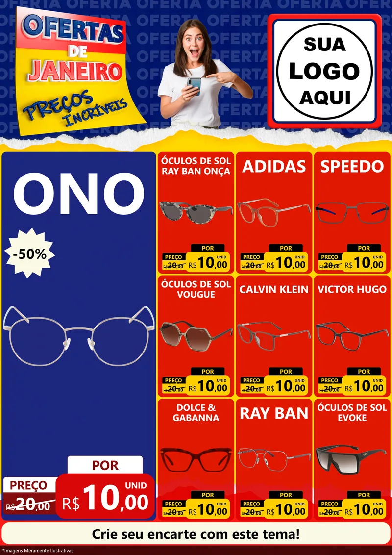 Modelo de Encarte para Encarte A4 Vertical com o tema Ofertas de Janeiro - Preços Incríveis para Óticas