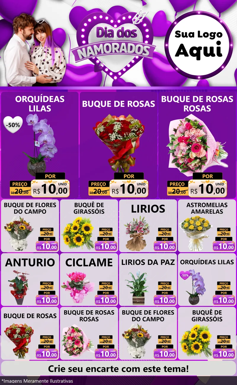 Modelo de Encarte para Encarte Grande com o tema Dia dos Namorados para Floricultura e jardim