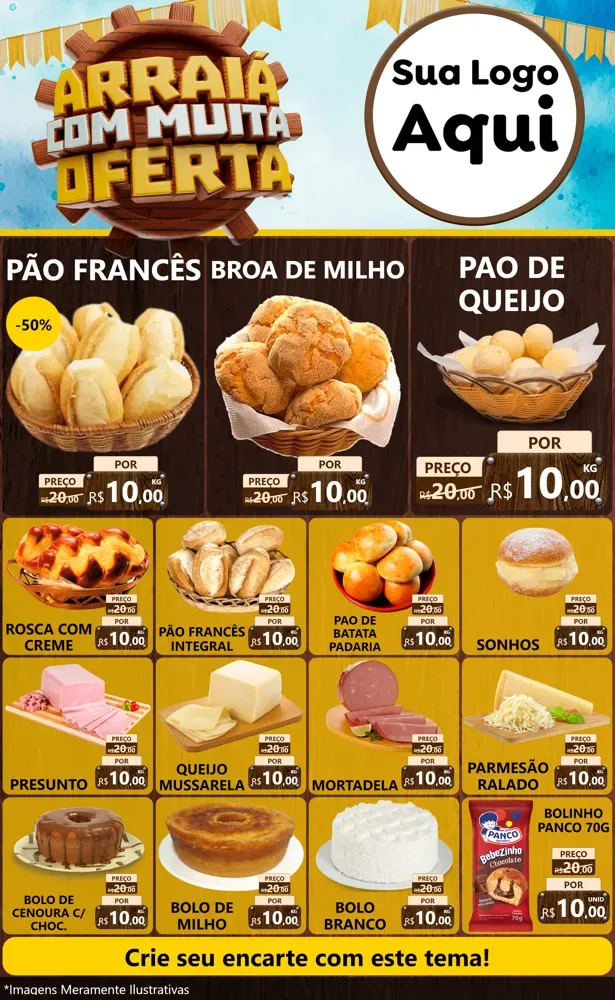 Modelo de Encarte para Encarte Grande com o tema Ofertas de São João - Junina para Padaria