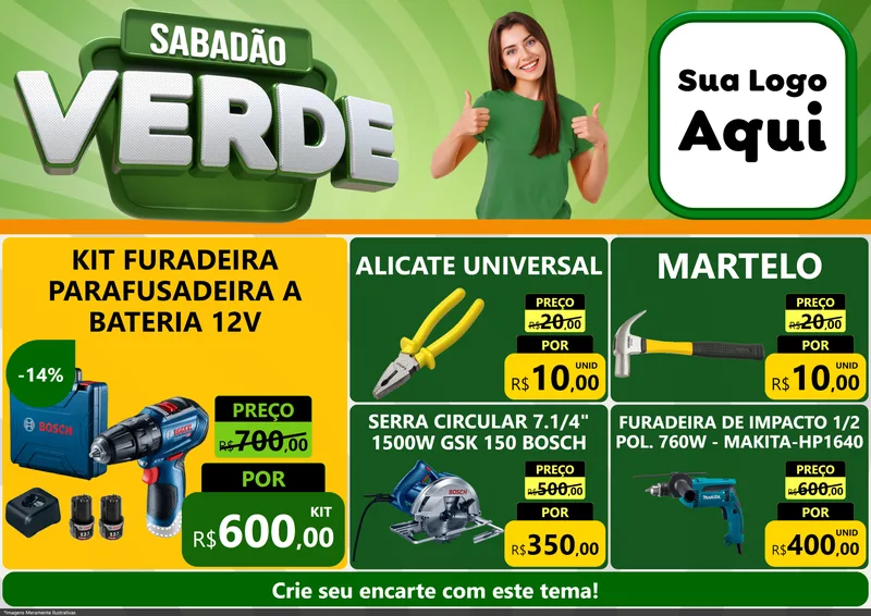 Modelo de Encarte para Encarte A4 Horizontal com o tema Sabadão Verde para Maquinas e Ferramentas