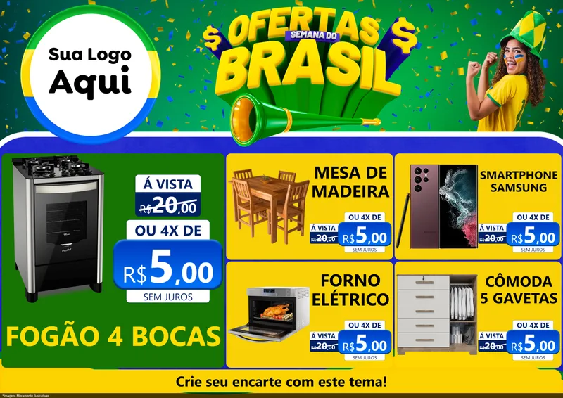 Modelo de Encarte para Encarte A4 Horizontal com o tema Ofertas Semana do Brasil para Móveis e Eletro
