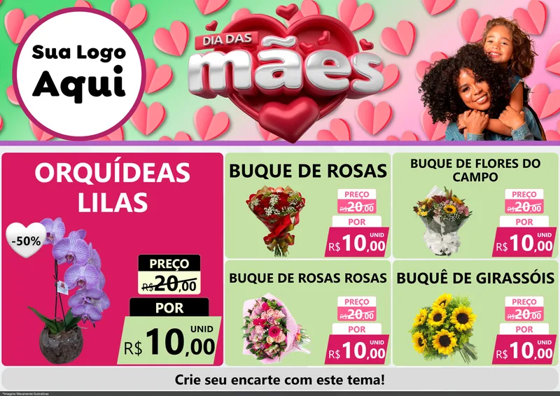 Modelo de Encarte para Encarte A4 Horizontal com o tema Dia das Mães para Floricultura e jardim