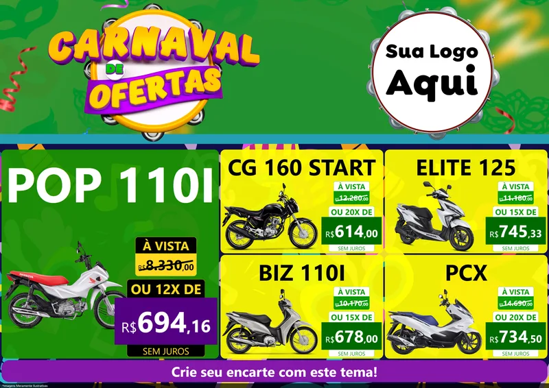 Modelo de Encarte para Encarte A4 Horizontal com o tema Carnaval de Ofertas para Concessionaria de Motos