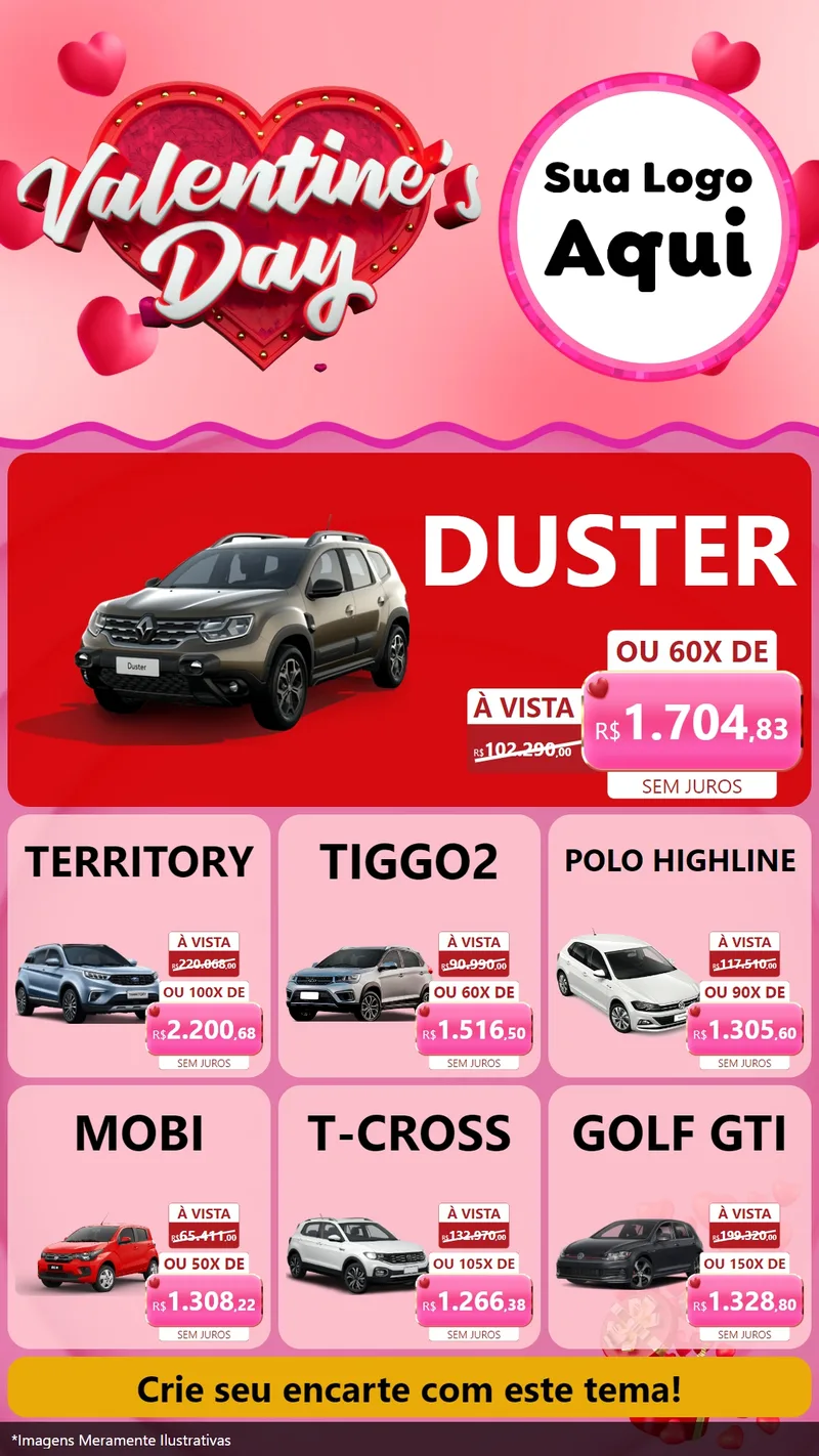 Modelo de Rede Social para Stories com o tema Valentine's Day para Concessionaria de Carros