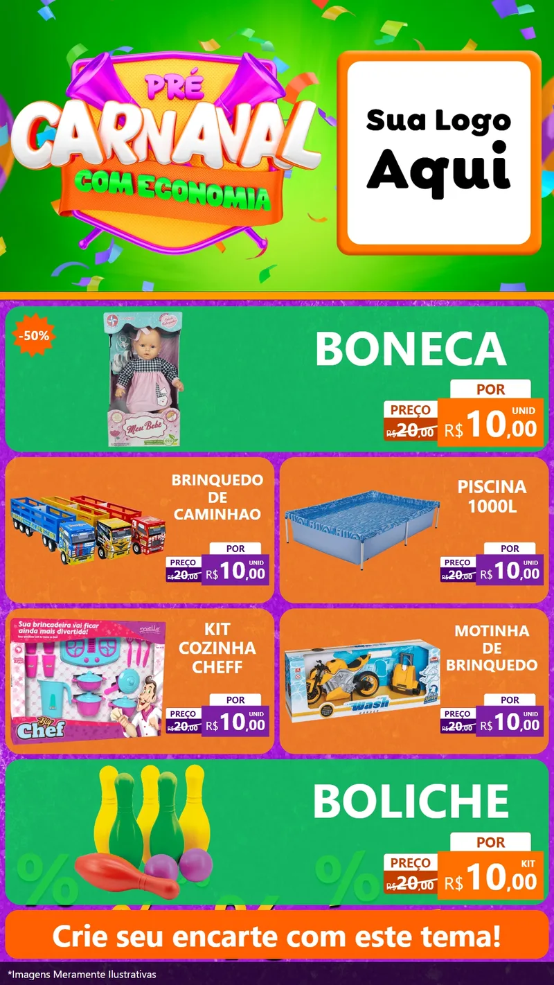 Modelo de TV para TV Vertical com o tema Pré-Carnaval Com Economia para Brinquedos