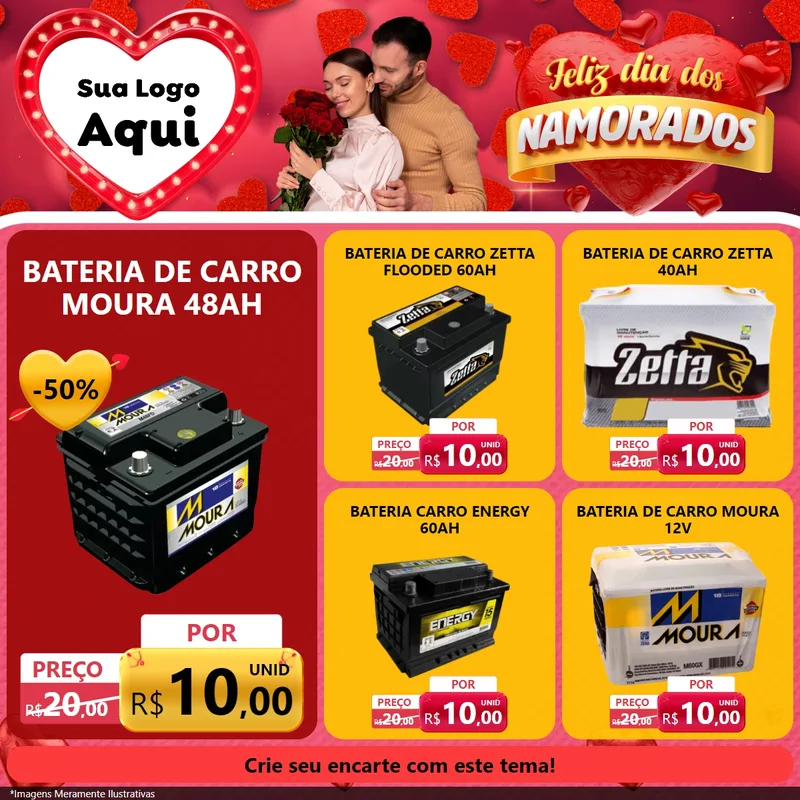 Modelo de Rede Social para Feed Facebook com o tema Feliz Dia Dos Namorados para Baterias Elétricas