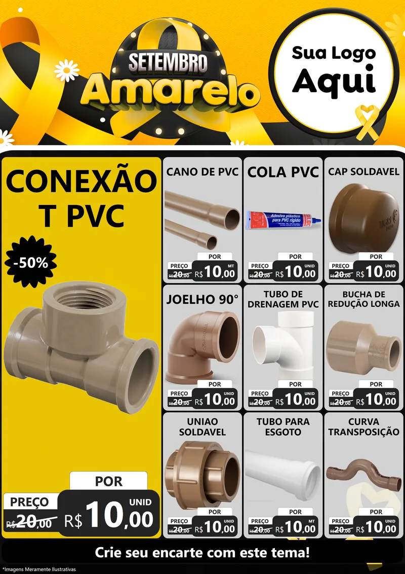 Modelo de Encarte para Encarte A4 Vertical com o tema Setembro Amarelo para Tubos e conexões
