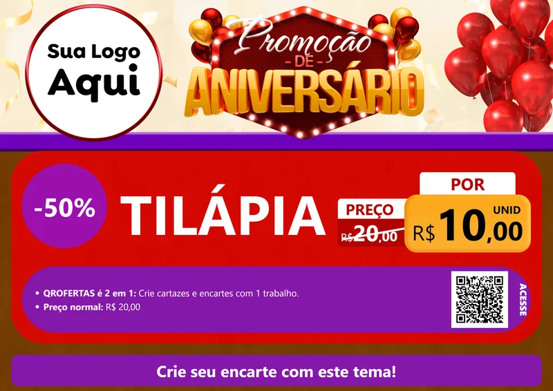 Modelo de Cartaz para Cartaz A4 Horizontal com o tema Promoção de Aniversário para Peixaria