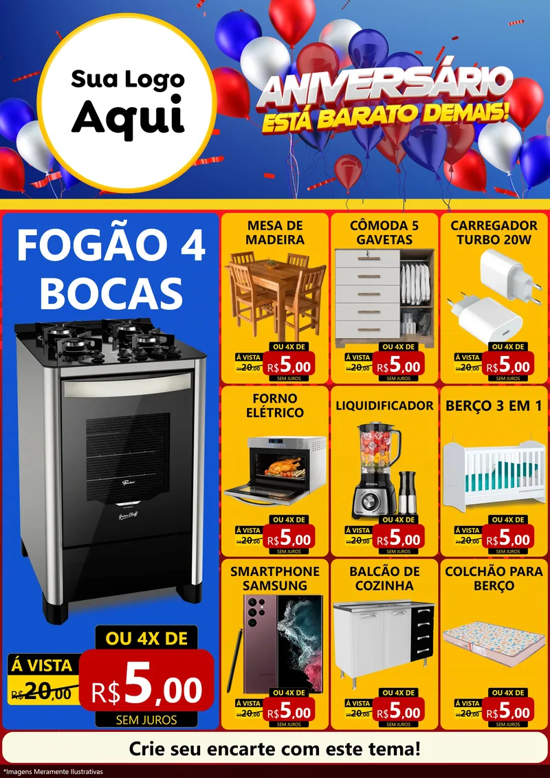 Modelo de Encarte para Encarte A4 Vertical com o tema Aniversário para Móveis e Eletro