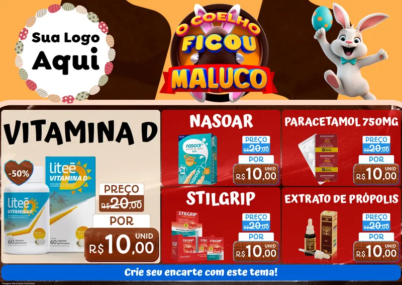 Modelo de Encarte para Encarte A4 Horizontal com o tema O Coelho Ficou Maluco - Páscoa para Farmácia