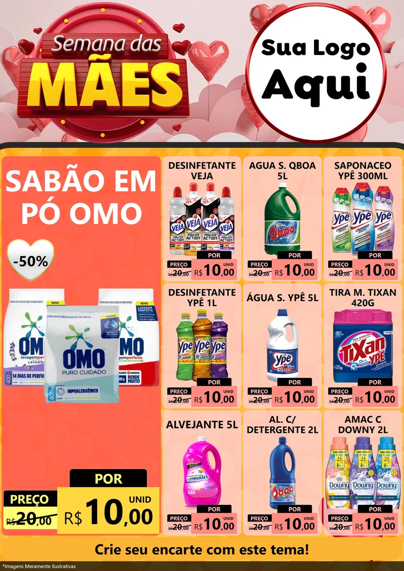 Modelo de Encarte para Encarte A4 Vertical com o tema Semana das Mães para Produtos de Limpeza