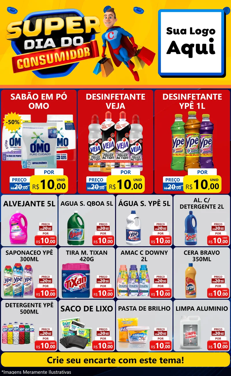 Modelo de Encarte para Encarte Grande com o tema Super Dia do Consumidor para Produtos de Limpeza