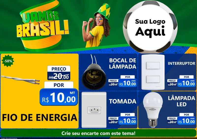 Modelo de Encarte para Encarte A4 Horizontal com o tema Vamos Brasil - Copa para Materiais Elétricos