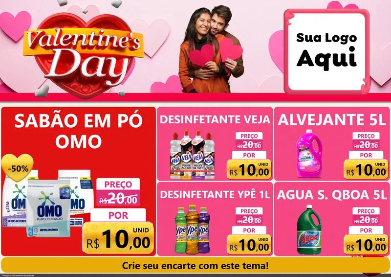 Modelo de Encarte para Encarte A4 Horizontal com o tema Valentine's Day para Produtos de Limpeza
