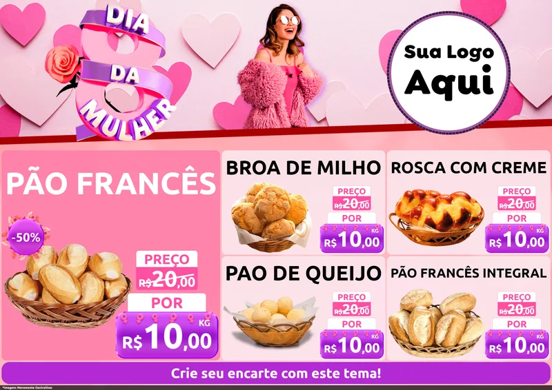 Modelo de Encarte para Encarte A4 Horizontal com o tema Dia da Mulher para Padaria