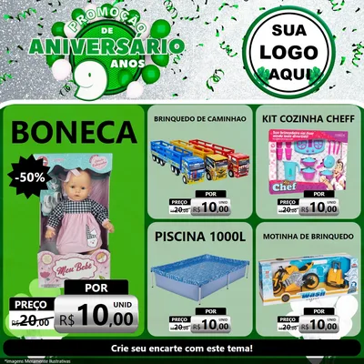 Modelo de Rede Social para Feed Facebook com o tema Promoção de Aniversário - 9 Anos para Brinquedos