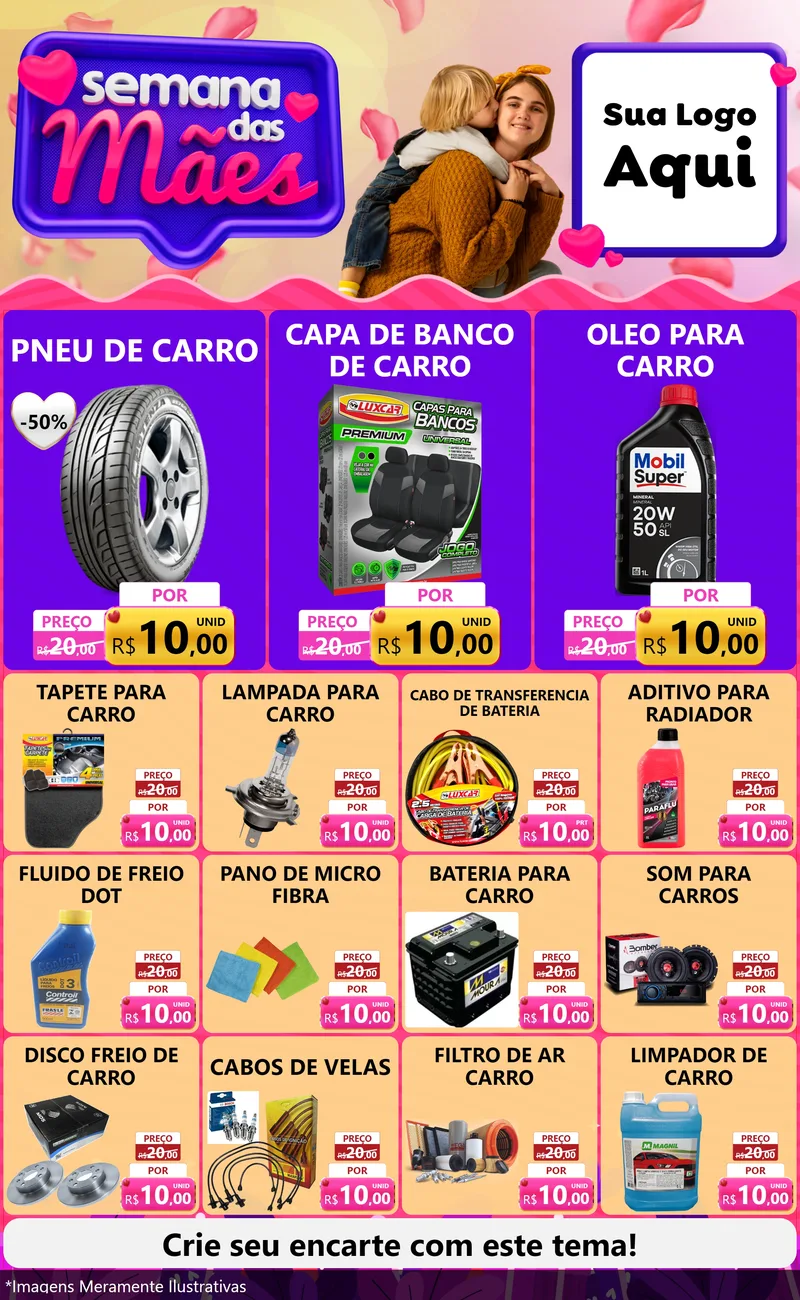 Modelo de Encarte para Encarte Grande com o tema Semana das Mães para Auto peças