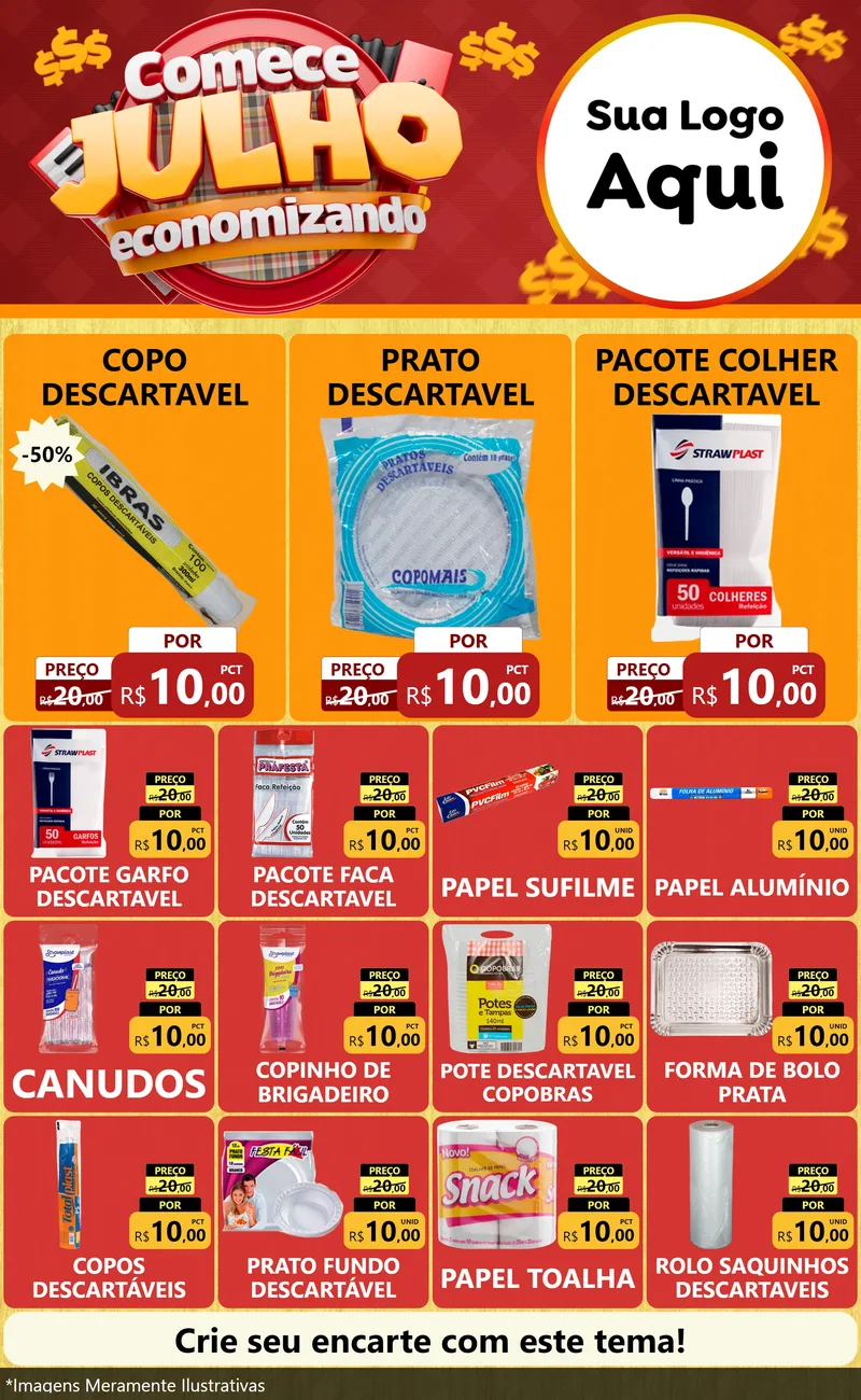 Modelo de Encarte para Encarte Grande com o tema Comece Julho Economizando para Embalagens
