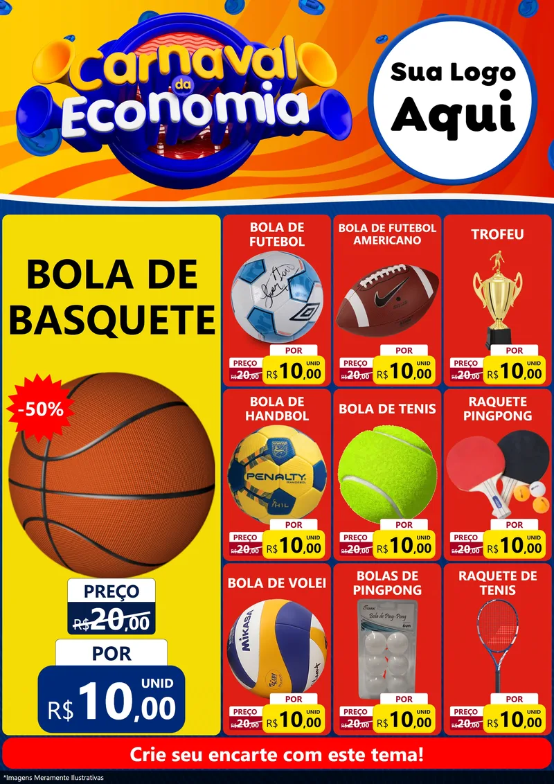 Modelo de Encarte para Encarte A4 Vertical com o tema Carnaval da Economia para Artigos Esportivos
