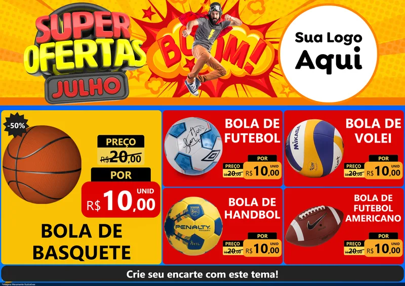 Modelo de Encarte para Encarte A4 Horizontal com o tema Super Ofertas Julho para Artigos Esportivos