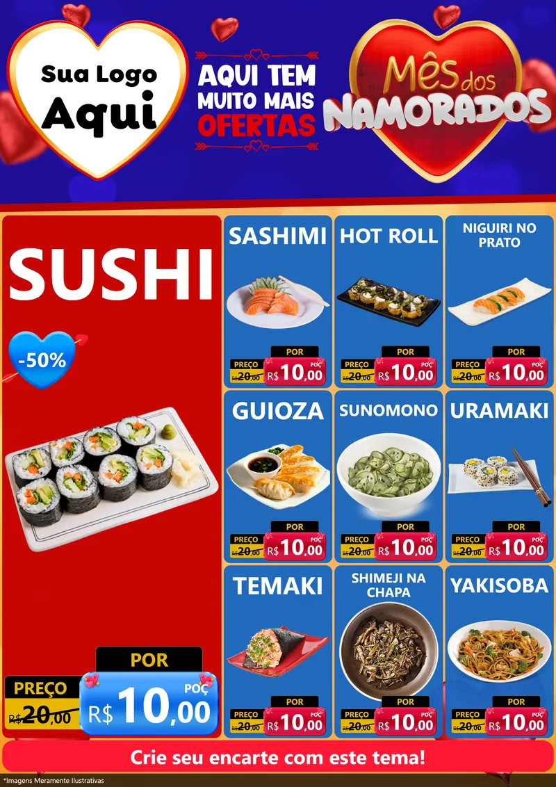 Modelo de Encarte para Encarte A4 Vertical com o tema Mês dos Namorados para Comida japonesa