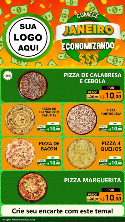 Modelo de TV para TV Vertical com o tema Comece Janeiro Economizando para Pizzaria