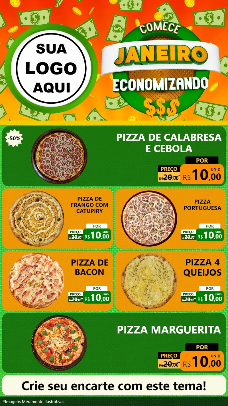 Modelo de TV para TV Vertical com o tema Comece Janeiro Economizando para Pizzaria