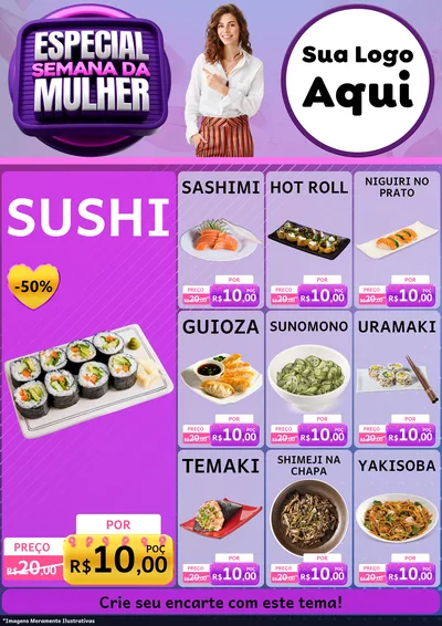 Modelo de Encarte para Encarte A4 Vertical com o tema Especial Semana da Mulher para Comida japonesa