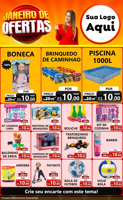 Modelo de Encarte para Encarte Grande com o tema Janeiro de Ofertas para Brinquedos