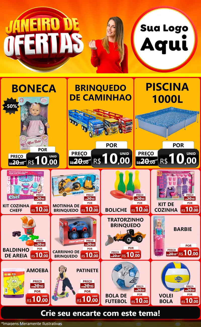 Modelo de Encarte para Encarte Grande com o tema Janeiro de Ofertas para Brinquedos