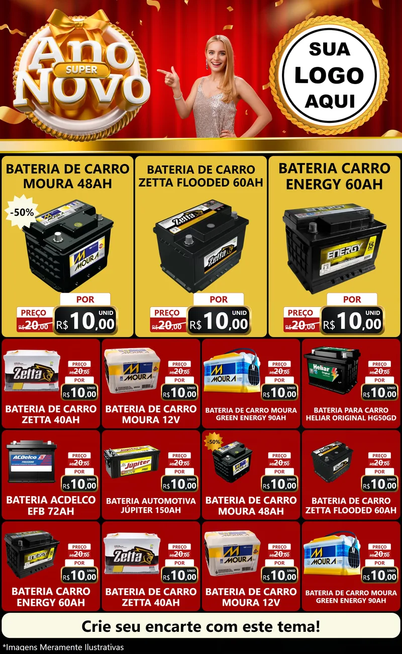 Modelo de Encarte para Encarte Grande com o tema Super Ano Novo para Baterias Elétricas