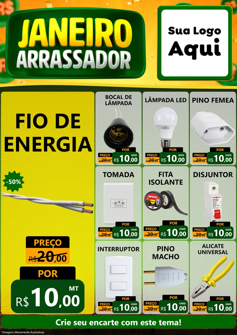 Modelo de Encarte para Encarte A4 Vertical com o tema Janeiro Arrasador para Materiais Elétricos