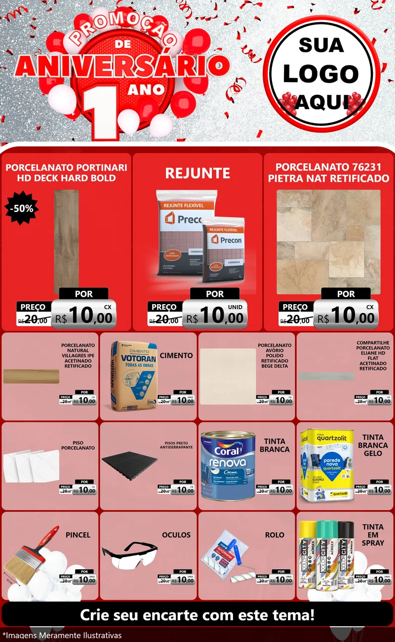 Modelo de Encarte para Encarte Grande com o tema Promoção de Aniversário - 1 Ano para Pisos e revestimentos