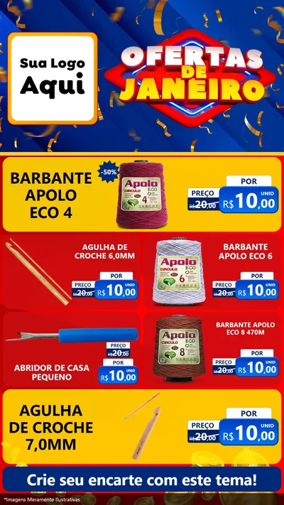 Modelo de TV para TV Vertical com o tema Ofertas de Janeiro para Armarinho e Aviamentos