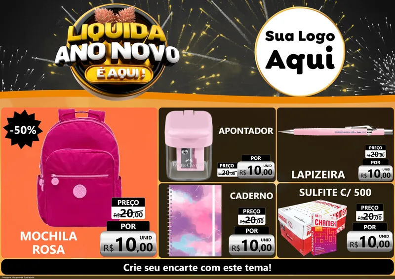 Modelo de Encarte para Encarte A4 Horizontal com o tema Liquida Ano Novo É Aqui! para Papelaria
