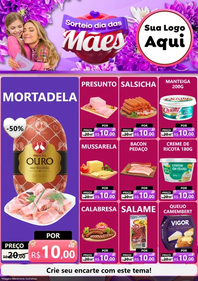 Modelo de Encarte para Encarte A4 Vertical com o tema Sorteio Dia das Mães para Frios e Laticínios