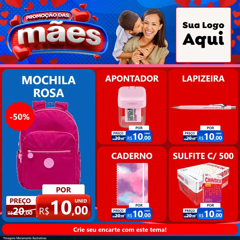 Modelo de Rede Social para Feed Facebook com o tema Promoção das Mães para Papelaria