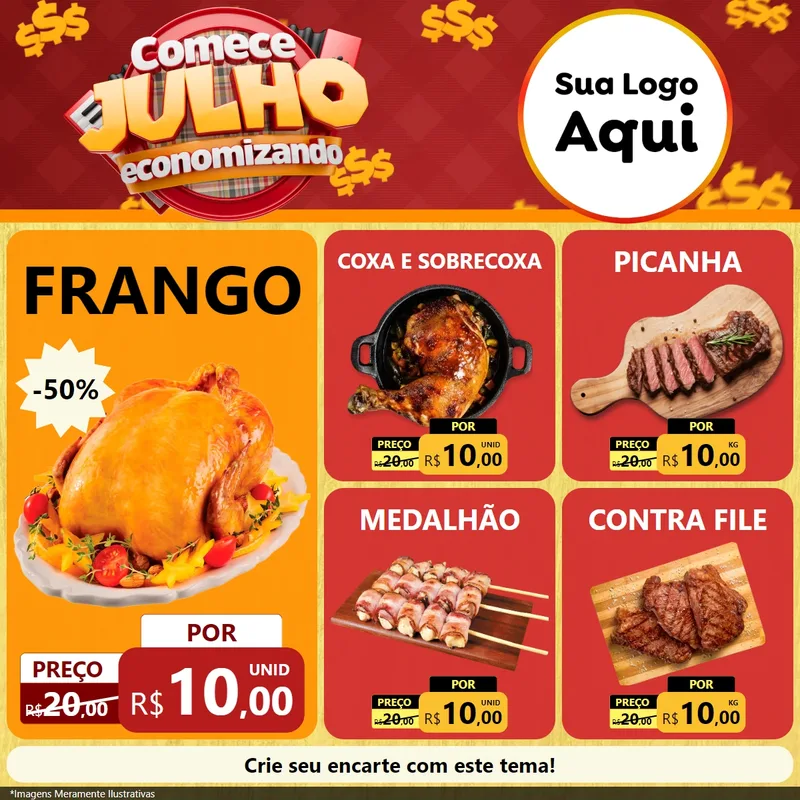 Modelo de Rede Social para Feed Facebook com o tema Comece Julho Economizando para Assados